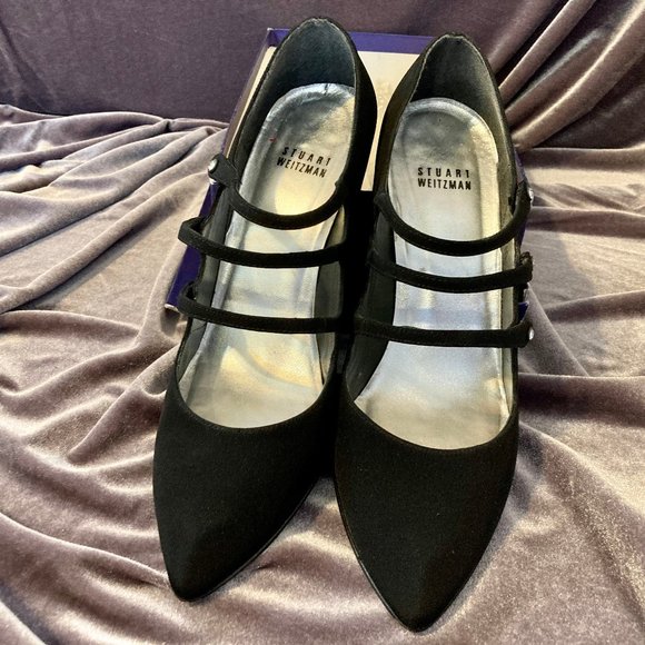 Stuart Weitzman Black Three Strap Velvet Heels - Picture 1 of 3